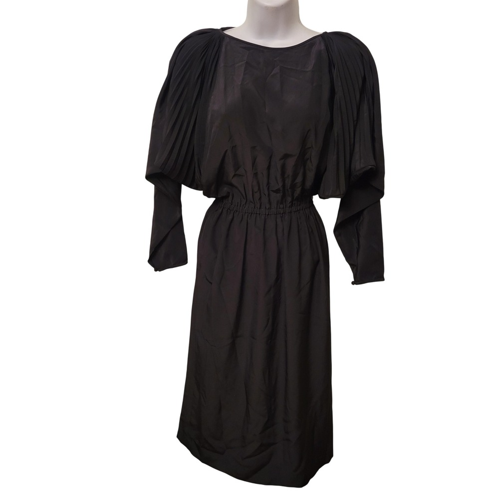 Jacques Molko Paris S Black Pleated Batwing Sleeve Vintage Midi Dress Whimsigoth